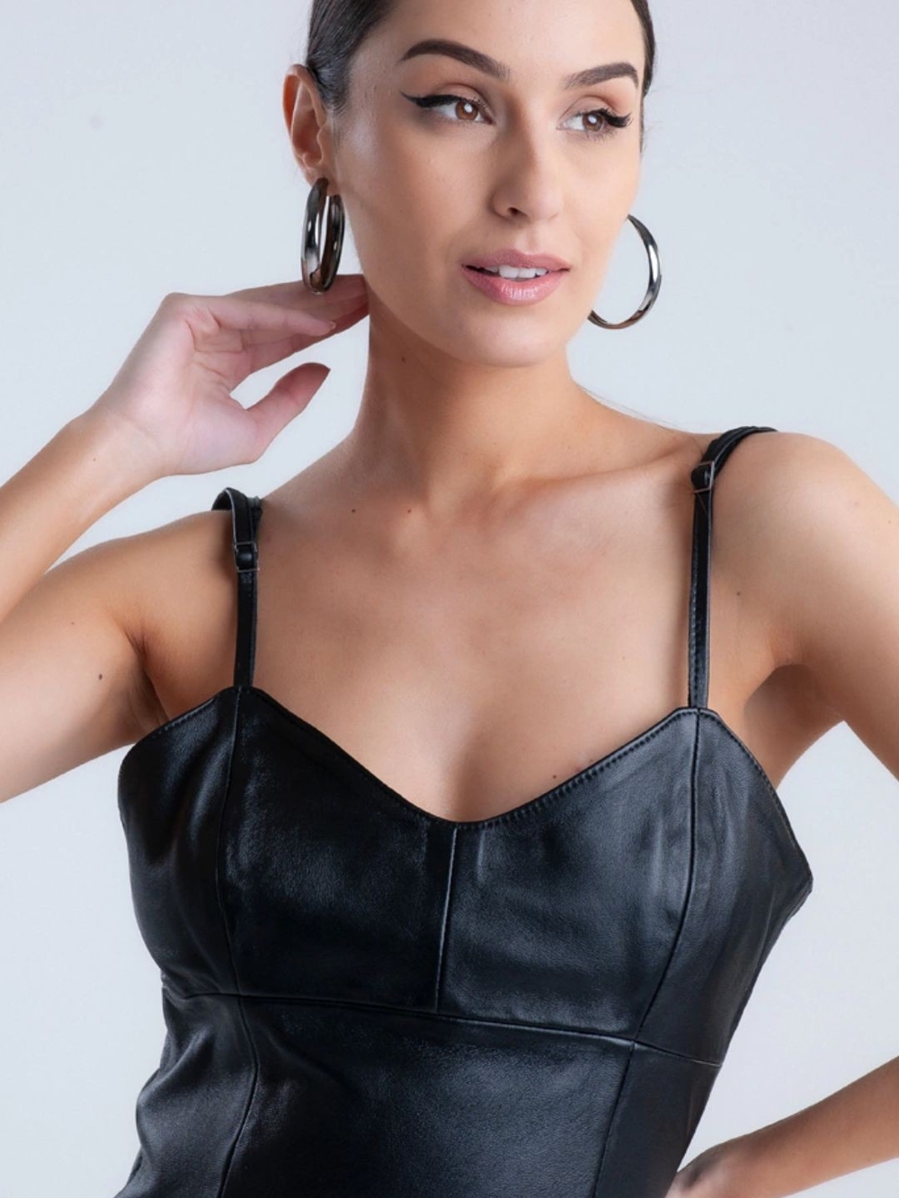 Black Faux Leather Spaghetti Strap Bustier Top